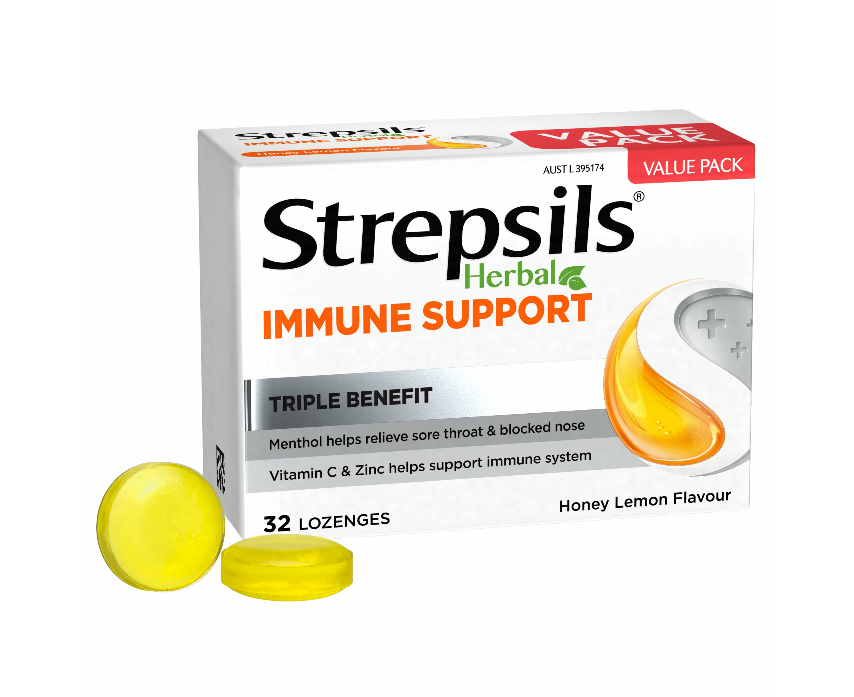 Strepsils Herbal Immune Support Lozenges Honey Lemon 32PK