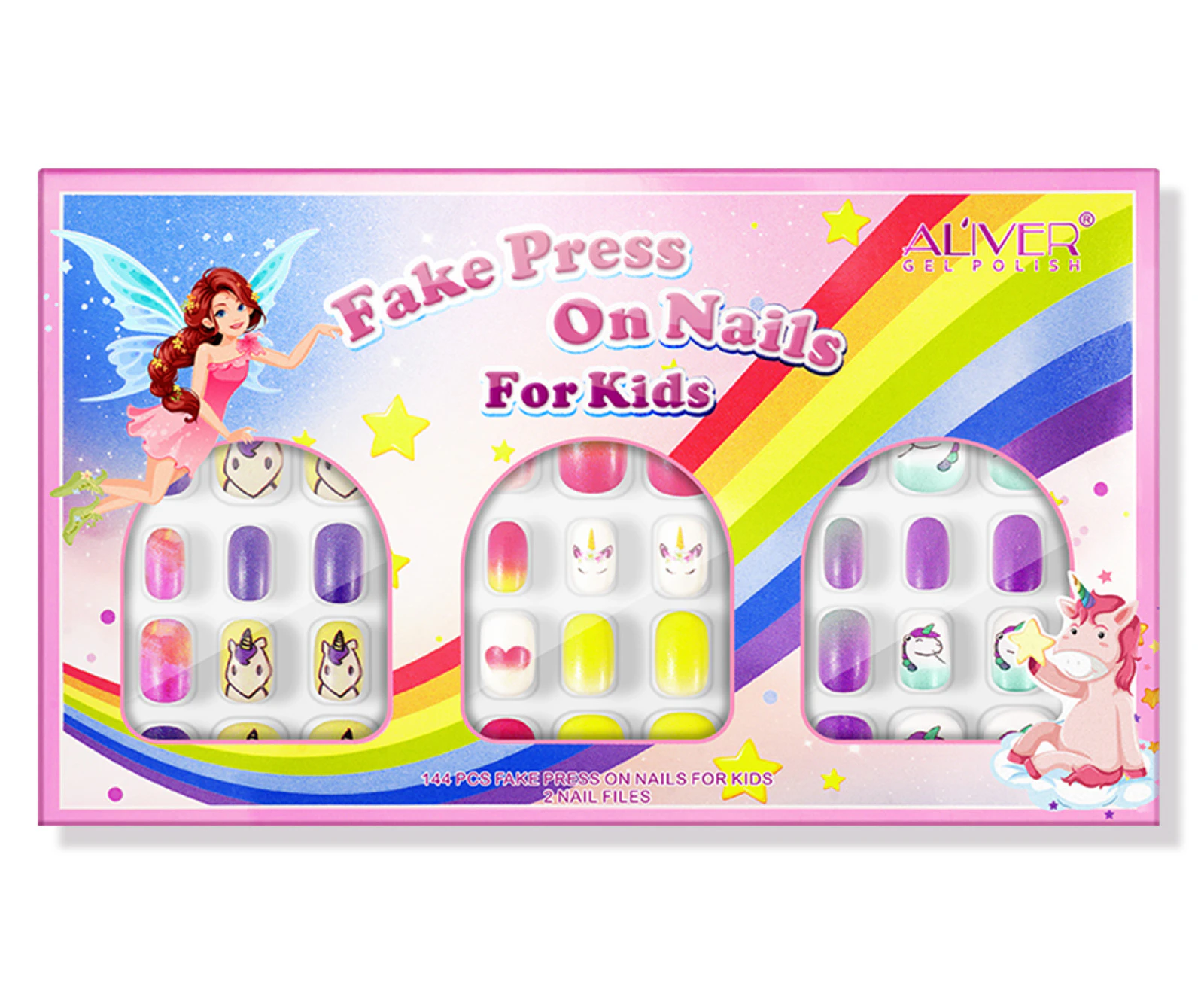 Aliver Fake Press on Nail for Kids Kit Children Color Heart Cat Rainbow False Art Set Gift Girls Glue Acrylic Nails Party 144pcs