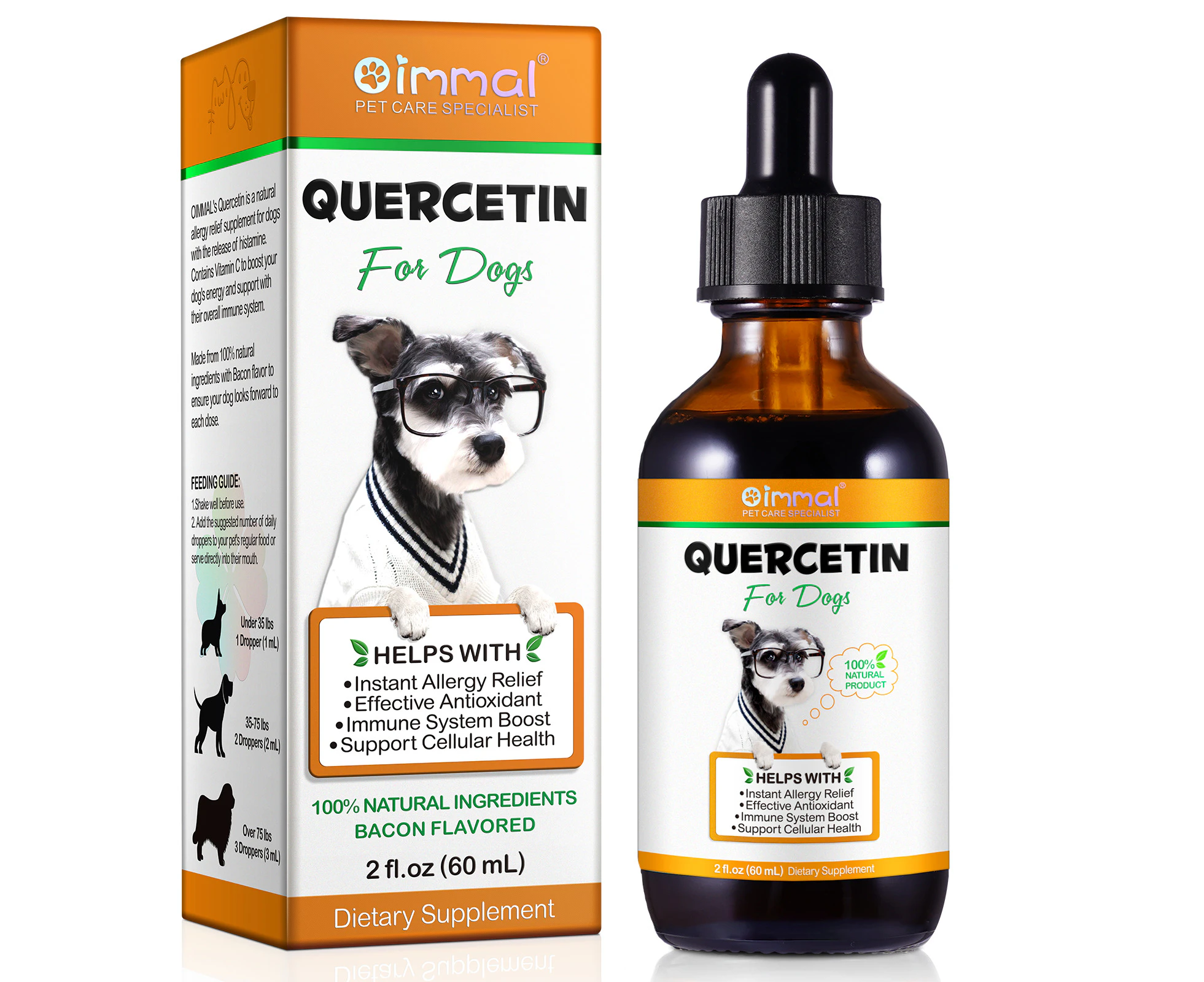 oimmal Quercetin for Dogs Allergy Relief Immune Care Health Support Supplements Drops, 60ml