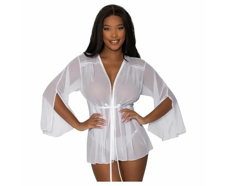 Magic Silk Modern Romance Short Robe White, S M, Women's Thigh Length Mesh And Lace Lingerie (model: Exposed By Magic Silk 1234)