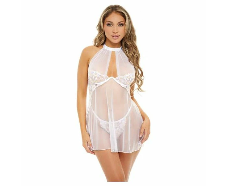 Lia's Bridal Collection: Underwire Floral Embroidered Halter Babydoll Set Model Lgbw01 Women's Intimate Lingerie For Sensual Romance Size Large