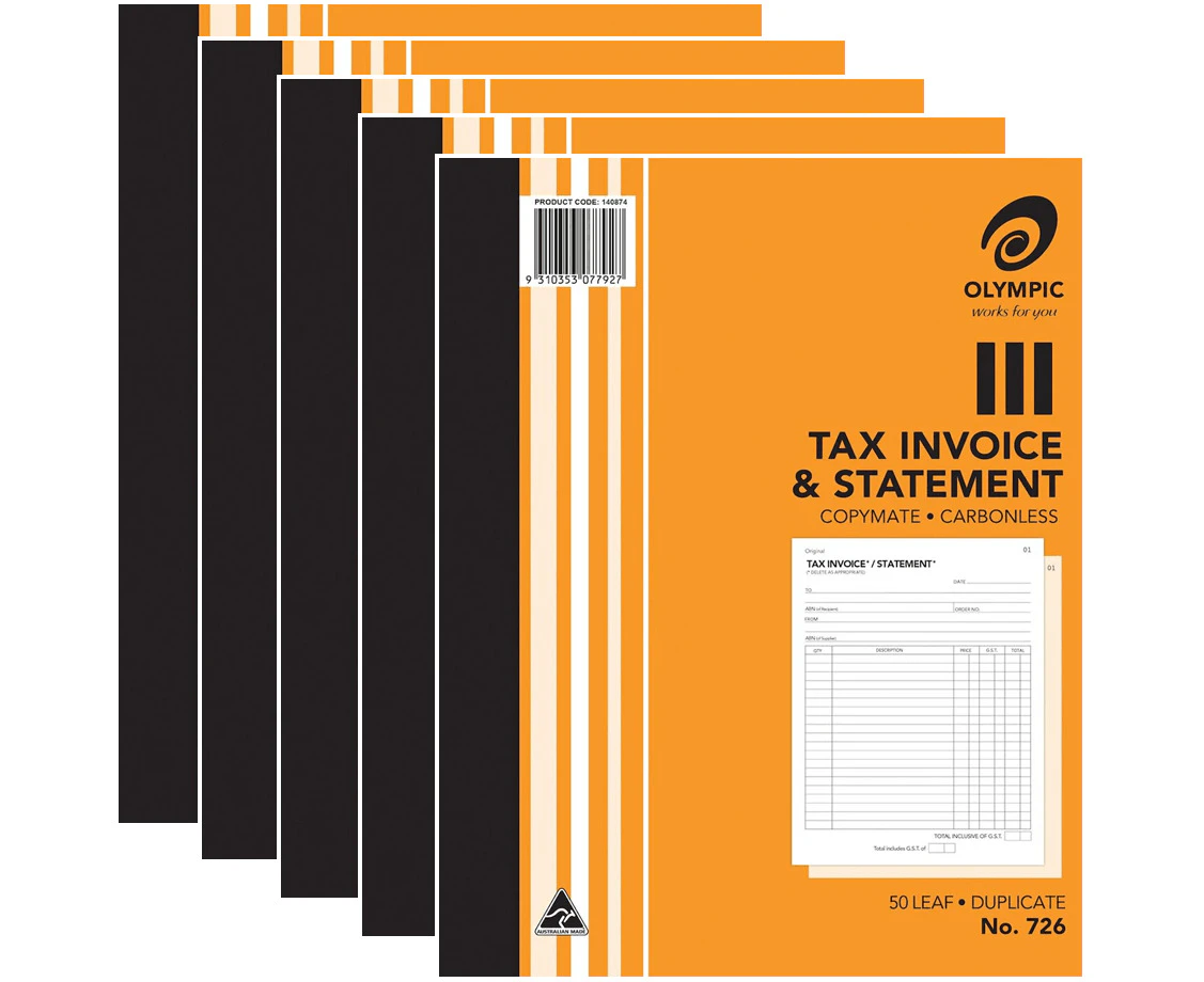 5 Pack Olympic 726 Duplicate Tax Invoice & Statement Book Carbonless Bulk