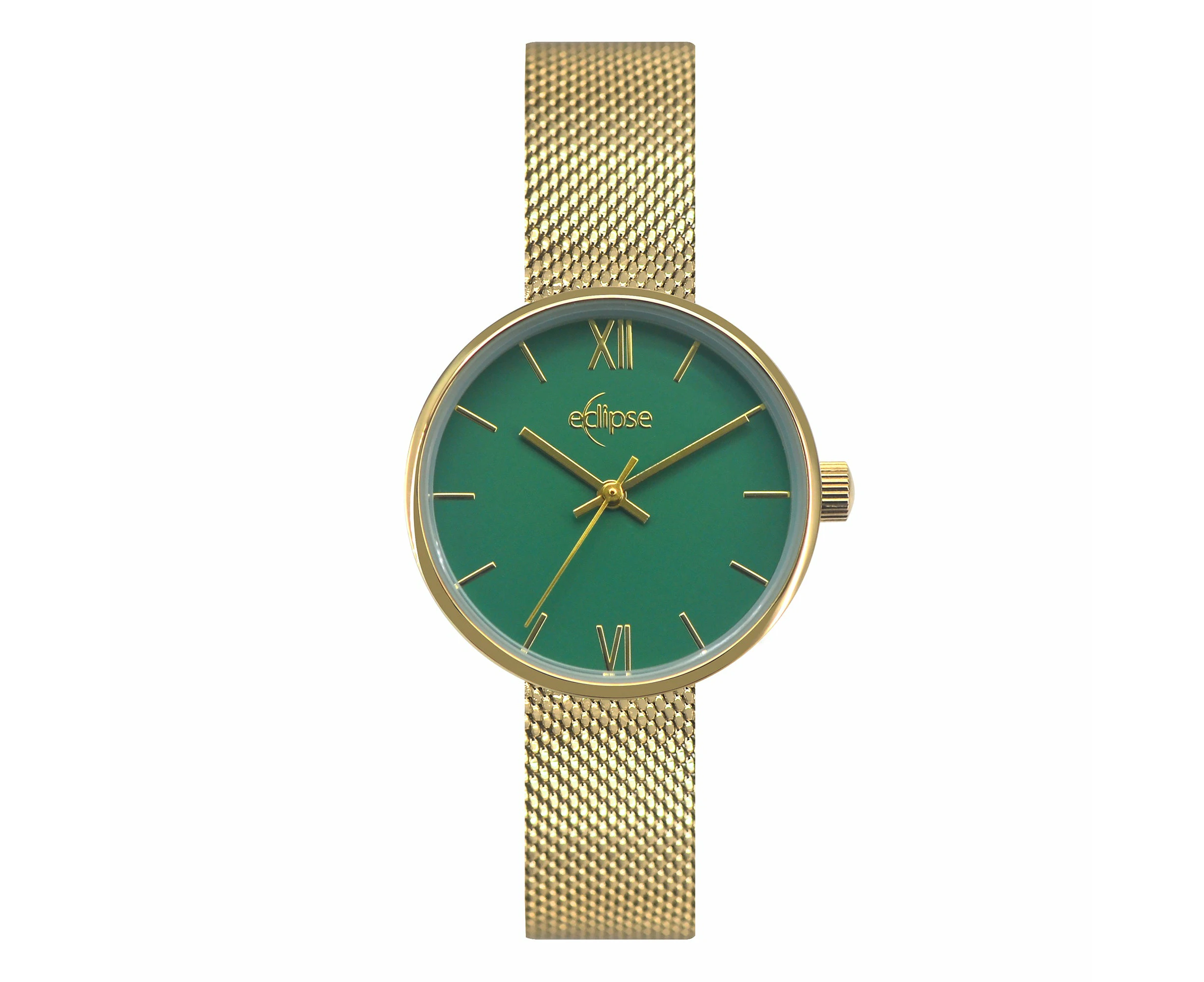 Eclipse Stainless Steel Round Green Dial Gold Band Watch