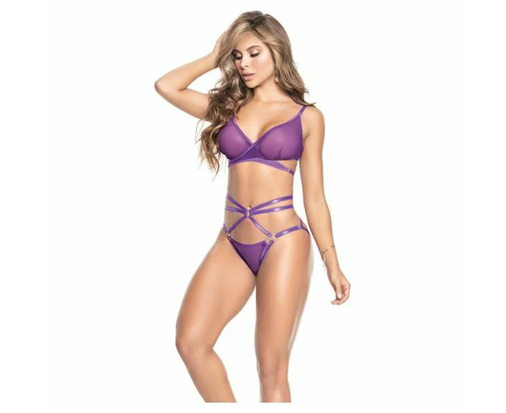 Euphoria Intimates Sheer Mesh Cross Over Top With Adjustable Straps & Removable Strappy Panty Orchid M/l