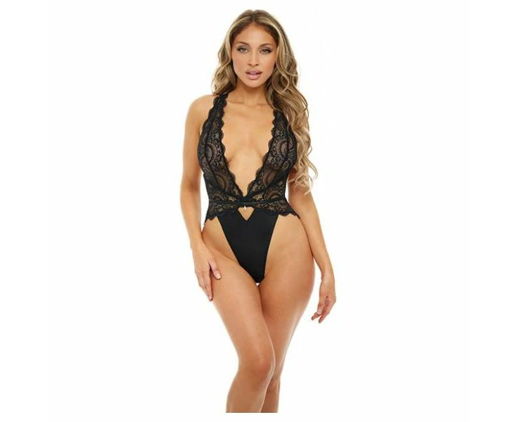 Elegant Intimates Sadie Stretch Galloon Lace Teddy With Back Ties Black, Size Small, Women's Lingerie