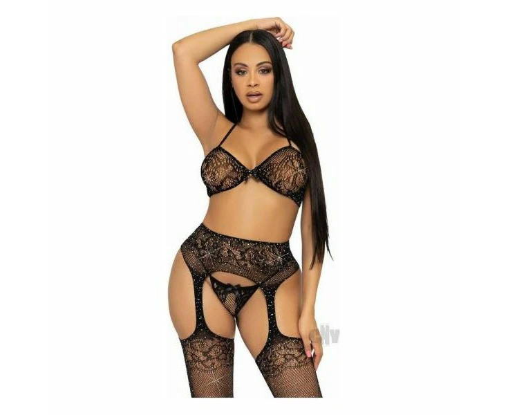 Introducing The Sensuelle Noir Rhinestone Lace Bra Gstring Garter 3pc Lingerie Set For Women O/s Black