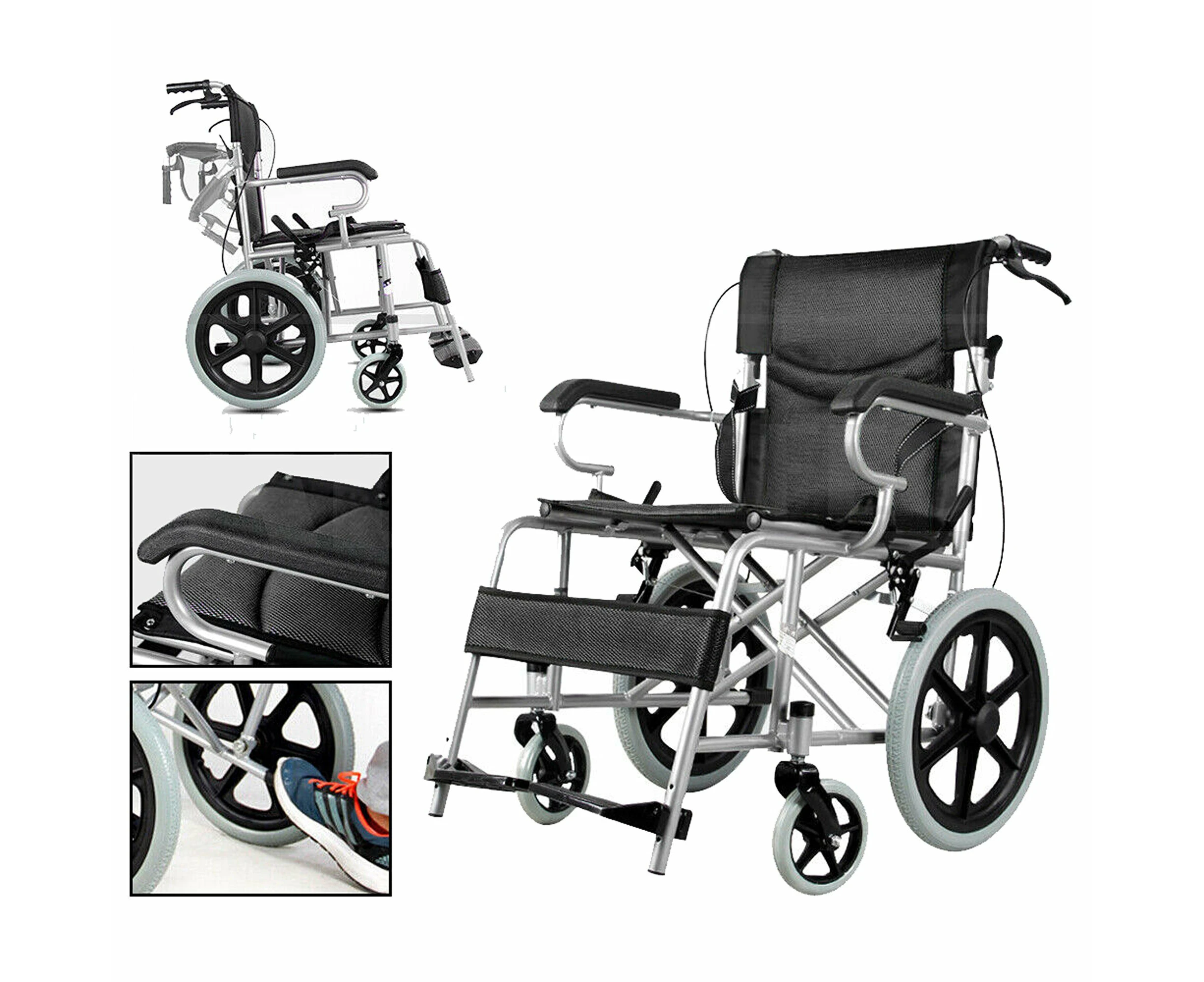 Foldable Wheelchair Brakes Lightweight Soft Mobility Aid Fold Disabled - Black