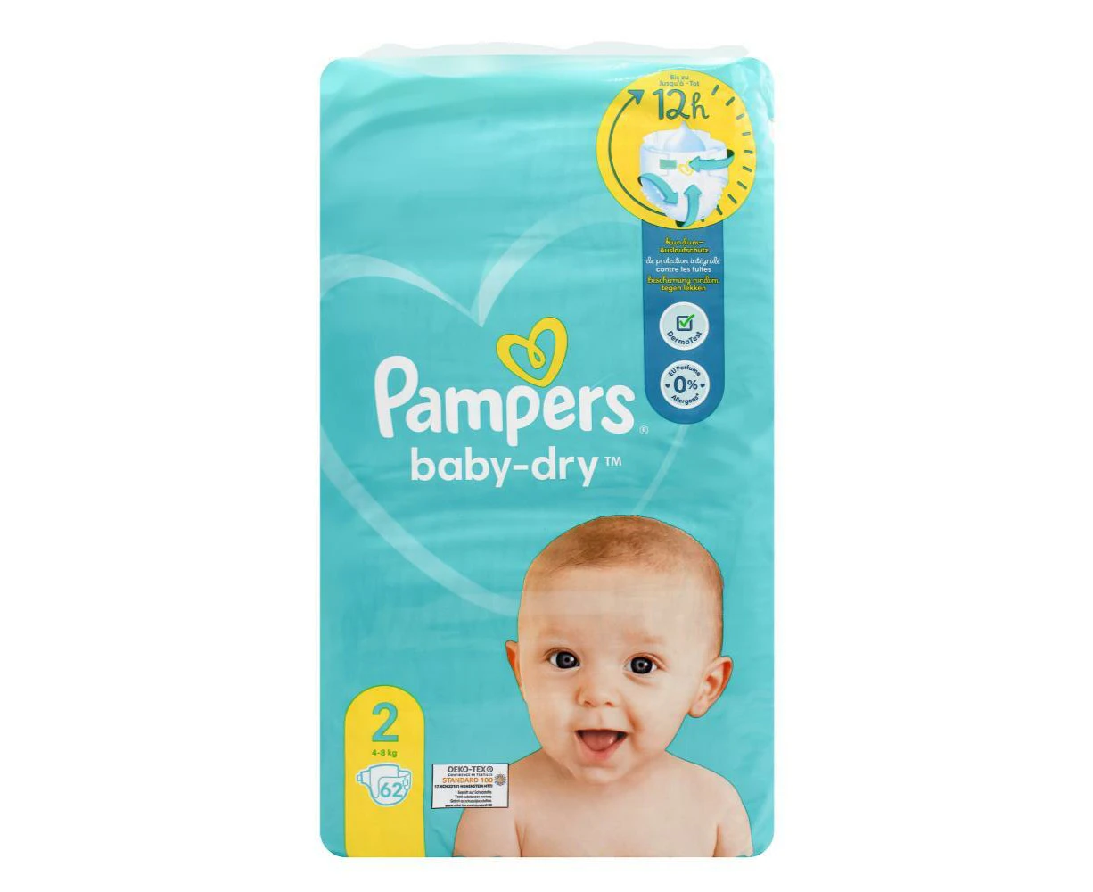 2 x Pack of 62 (Count 124) Pampers Baby Dry Nappies Size 2 4-8KG