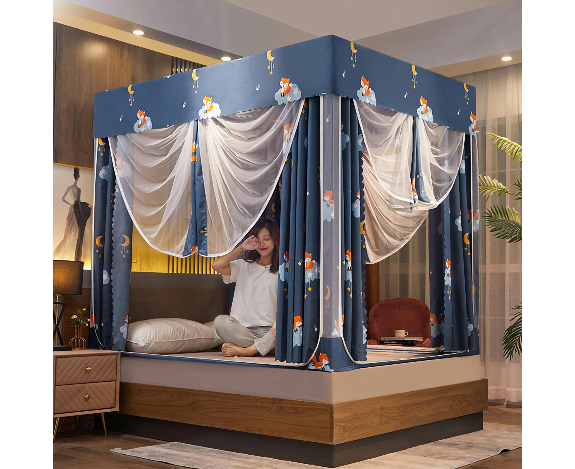 Four Corner Post Canopy Bed Curtains With U Shaped Mosquito Net Lightproof Zipper 3 Door Stainless Steel Bracket Star Sky 1.8M / 70.9In