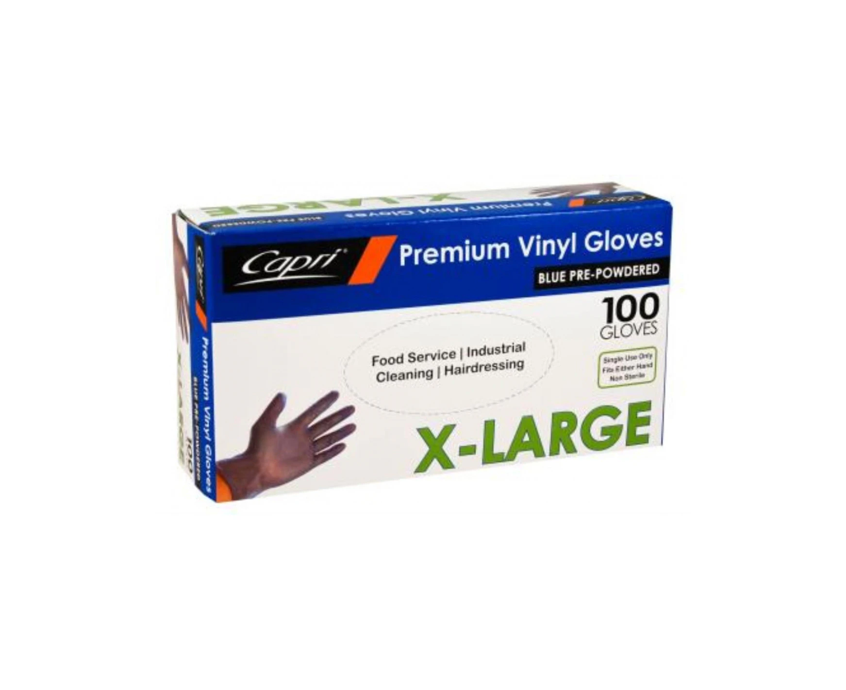 Capri Gloves Premium Vinyl Xlarge Blue Powdered 100 Pack Packet