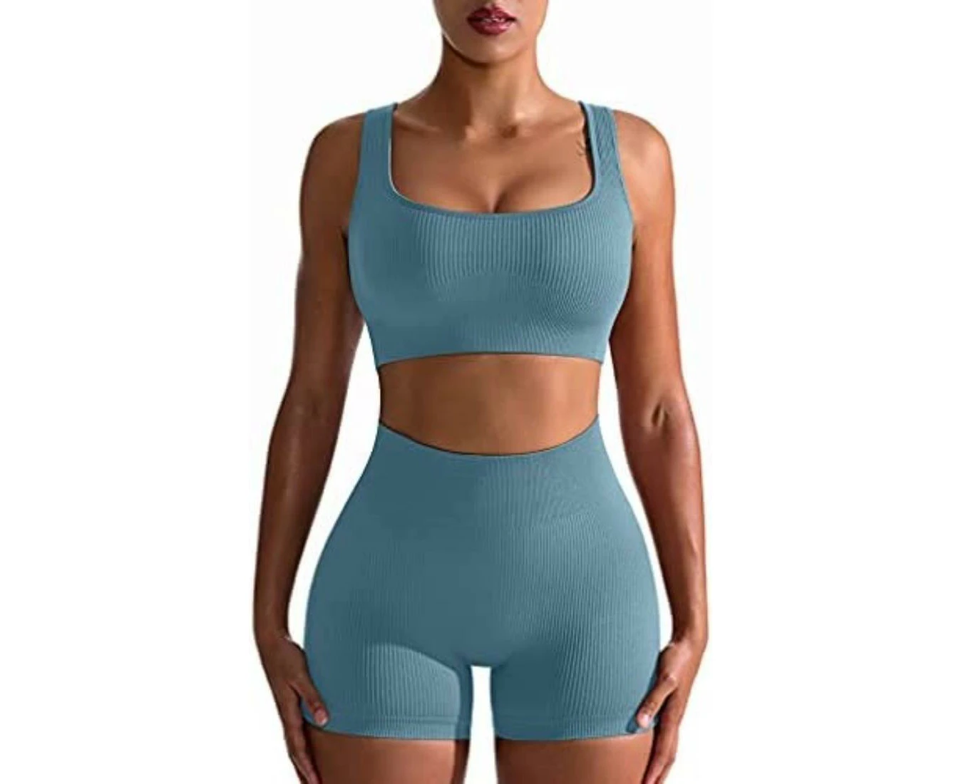 Women's Workout Outfits 4 Piece Seamless Ribbed High Waist Leggings Sport Bra Shorts Exercise Yoga Set, Blue