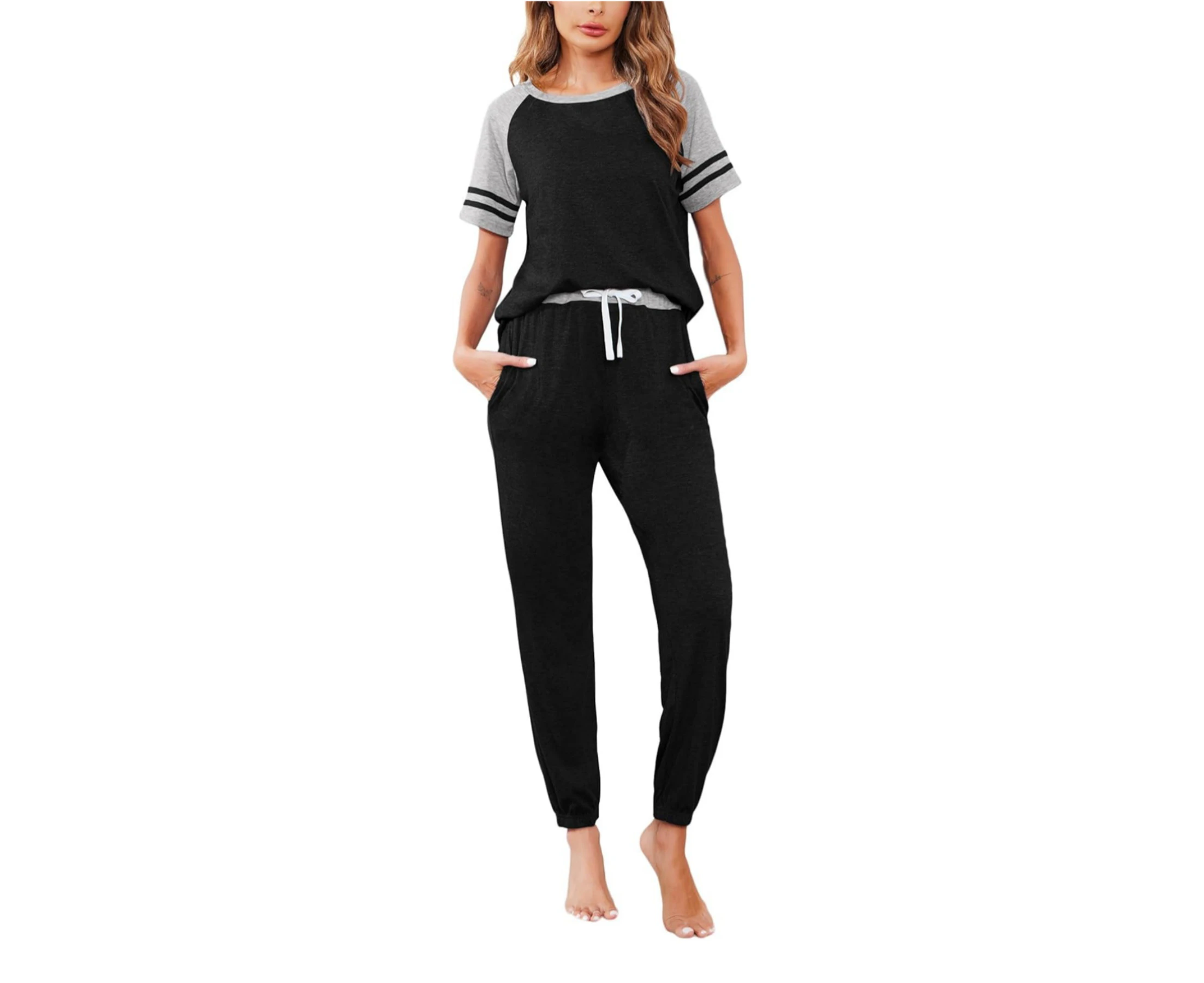 Two Piece Pajama Set Short Sleeve Crewneck Jogger Outfits and Sweatpants Tracksuit