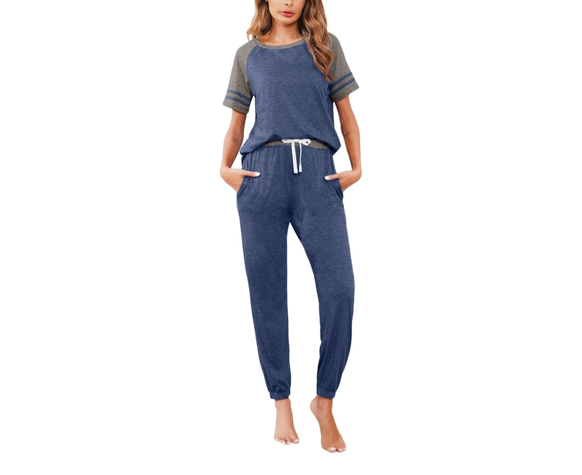 Two Piece Pajama Set Short Sleeve Crewneck Jogger Outfits and Sweatpants Tracksuit