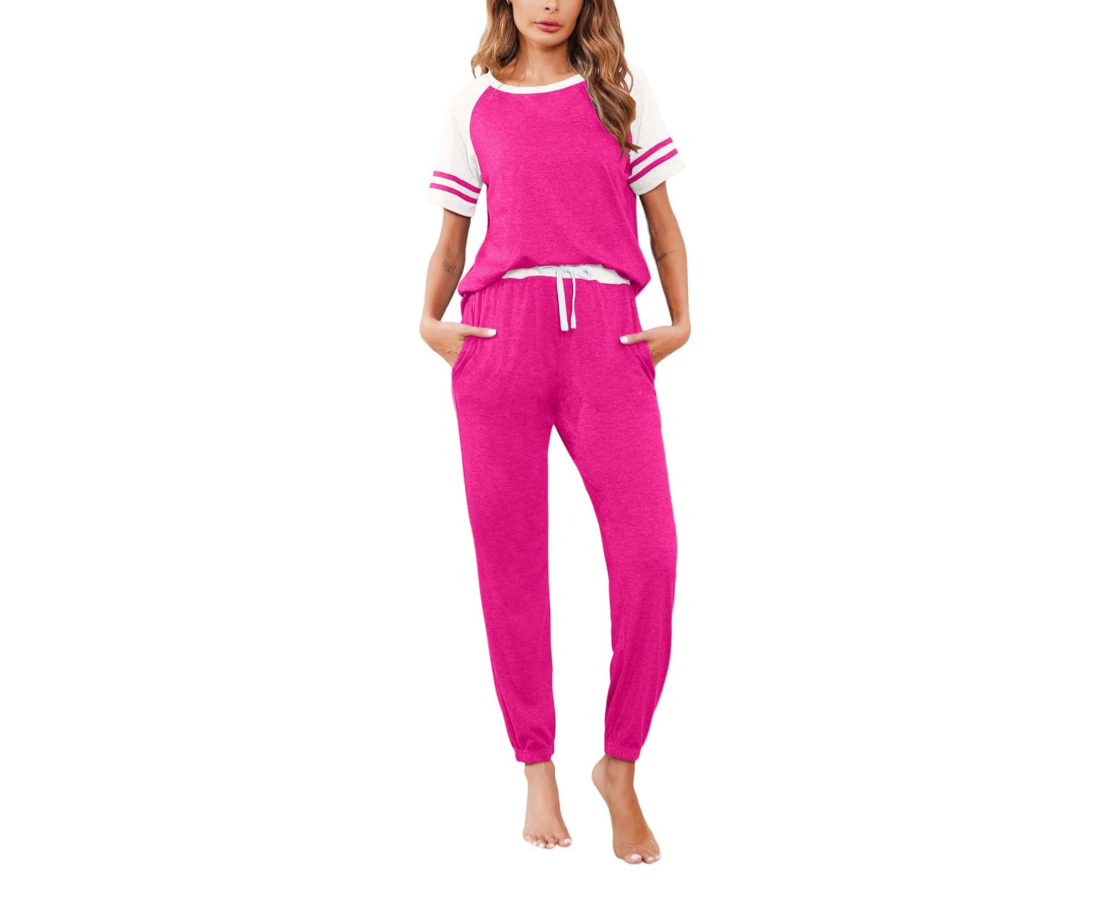 Two Piece Pajama Set Short Sleeve Crewneck Jogger Outfits and Sweatpants Tracksuit