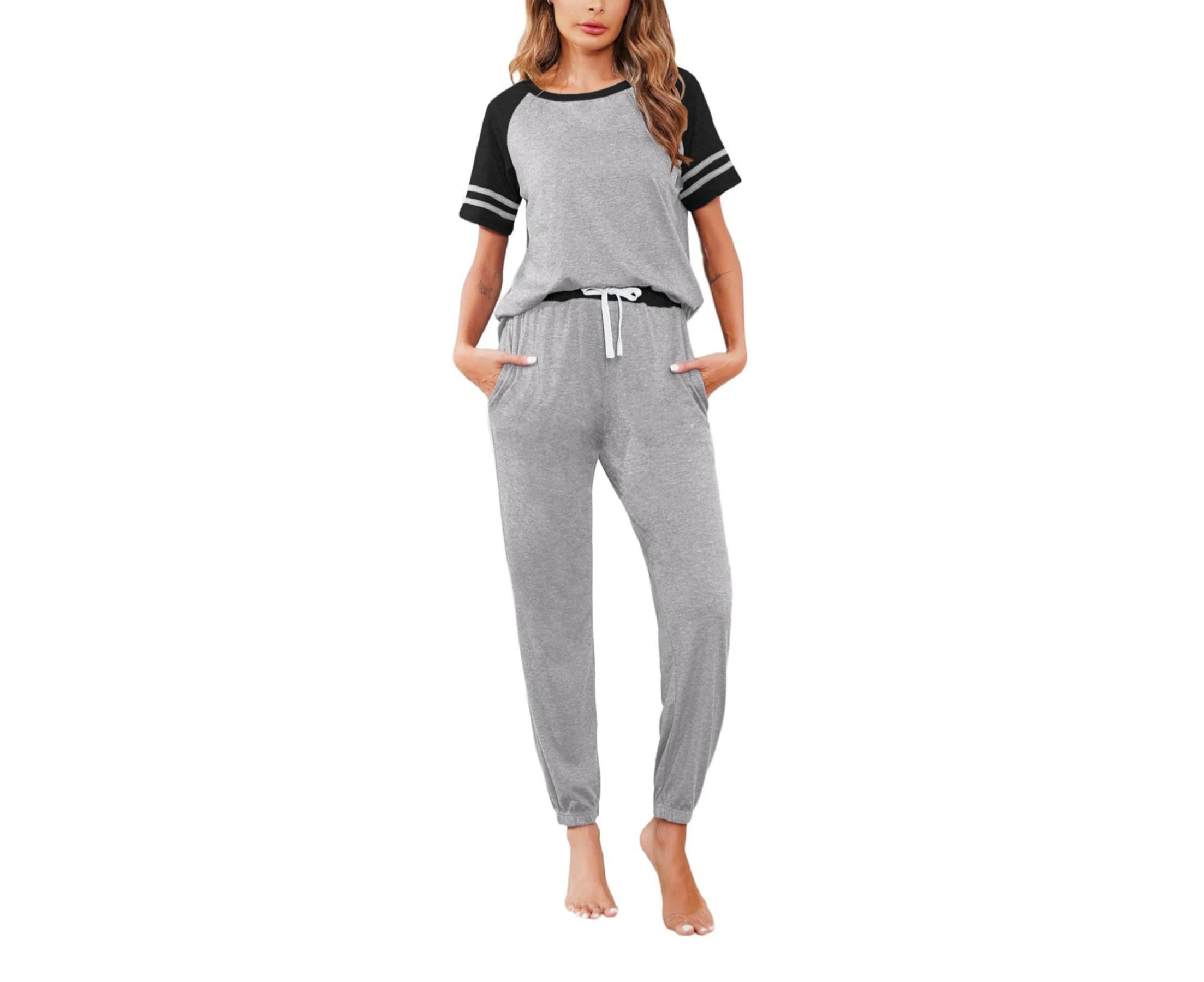 Two Piece Pajama Set Short Sleeve Crewneck Jogger Outfits and Sweatpants Tracksuit