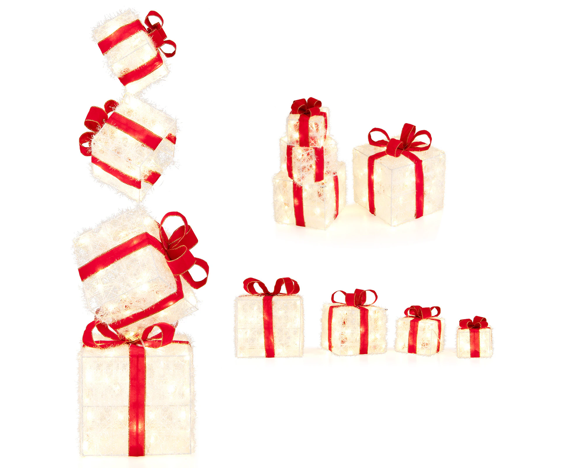 Costway Christmas Stackable Lighted Gift Boxes Decorations w/8 Mode LED Lights & Red Bows