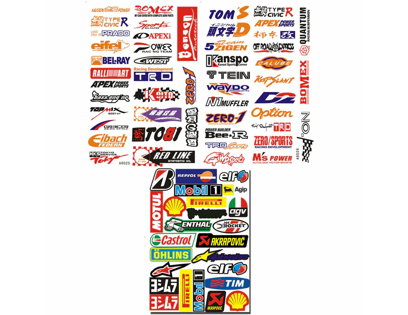 3 Sheets Sticker Decal Kit  Mobil Agip Castrol Ohlins Pirelli Shell Motul Elf