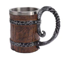 Beer Mug with Handle Stainless Steel Double Wall Wooden Imitation Medieval Tankard for Bar Restaurant Home Decor