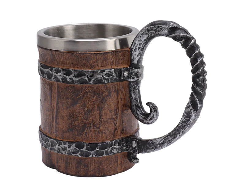 Beer Mug with Handle Stainless Steel Double Wall Wooden Imitation Medieval Tankard for Bar Restaurant Home Decor