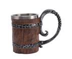 Beer Mug with Handle Stainless Steel Double Wall Wooden Imitation Medieval Tankard for Bar Restaurant Home Decor