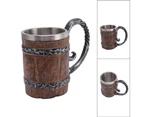 Beer Mug with Handle Stainless Steel Double Wall Wooden Imitation Medieval Tankard for Bar Restaurant Home Decor