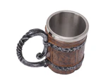 Beer Mug with Handle Stainless Steel Double Wall Wooden Imitation Medieval Tankard for Bar Restaurant Home Decor