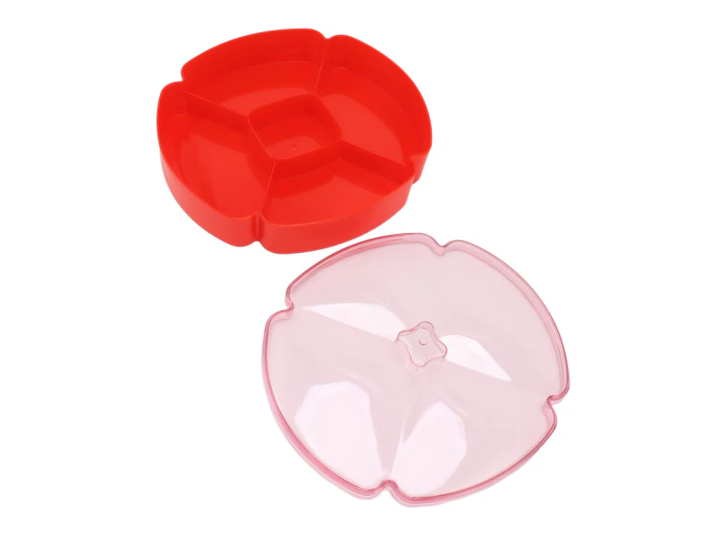 Snack Serving Tray Round Plastic Fruit Nut and Candy Compartment Plate with 5 Section for Thanksgiving Chinese New Year Red