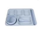 Wheat Straw Student Fast Food Tableware Set includes Bowls, Plates, Spoons, Chopsticks (Blue)