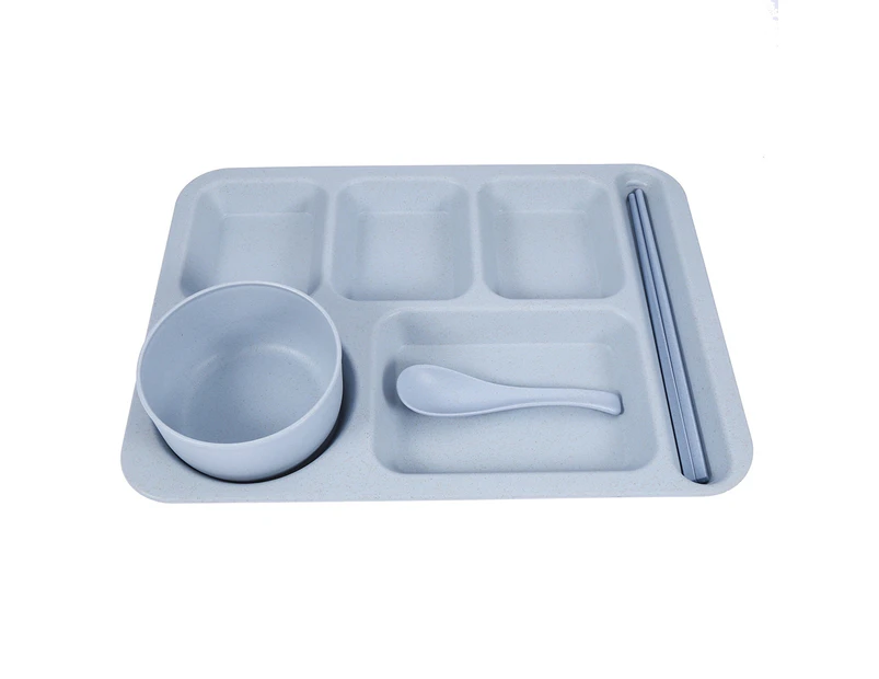 Wheat Straw Student Fast Food Tableware Set includes Bowls, Plates, Spoons, Chopsticks (Blue)