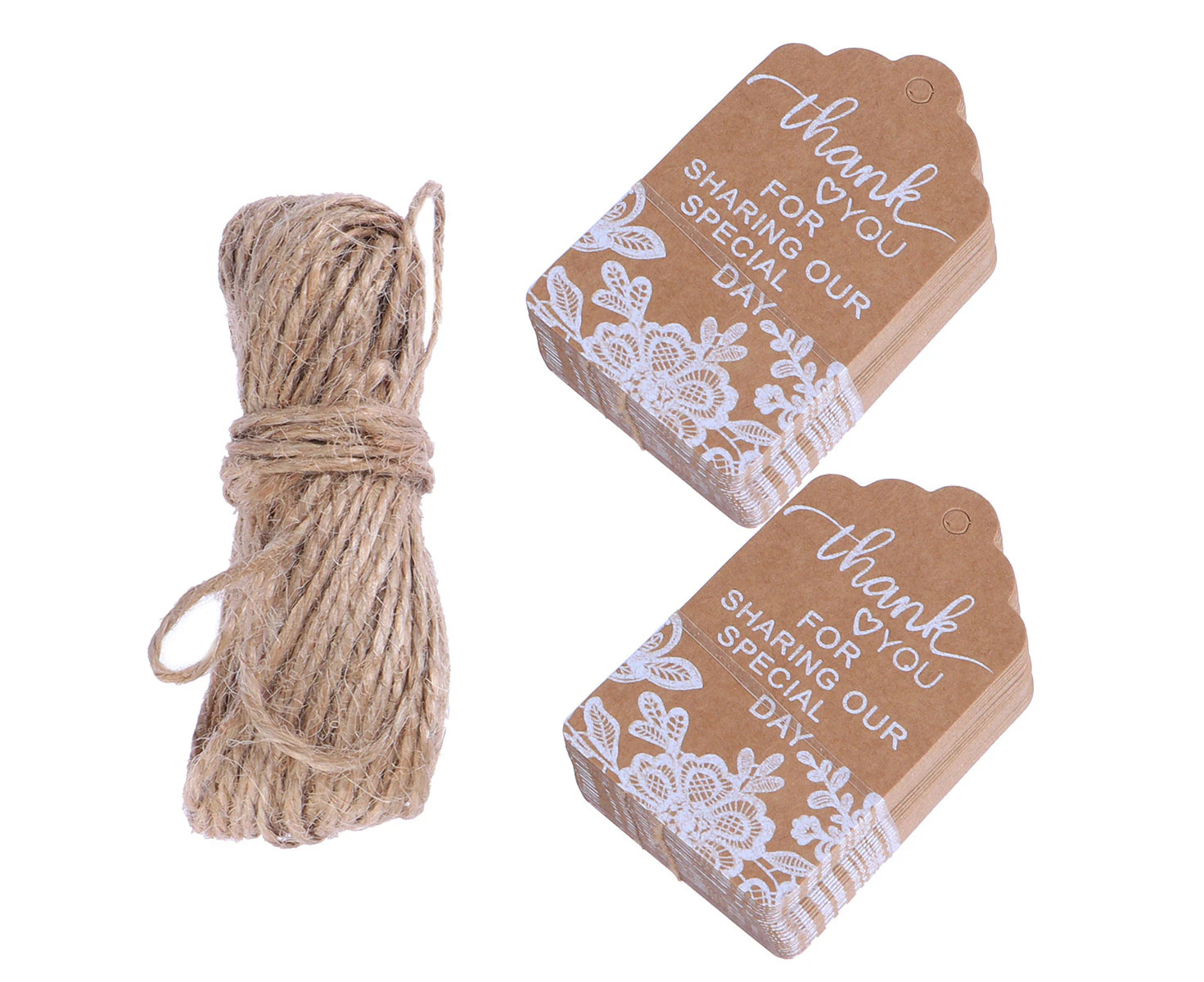 100 Pcs Kraft Paper Hanging Tags White Flower Printed Baking Food Package Tags with Hemp Rope for Wedding Party