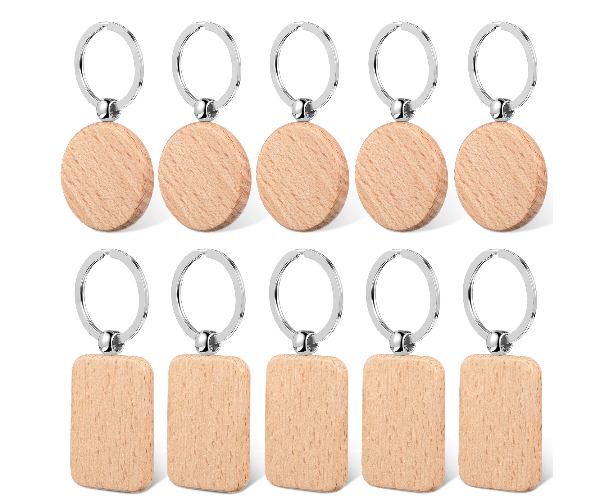 10 Pcs Blank Wooden Key Tag Keychains Rectangle and Round Shape Wood Pendant Keyrings