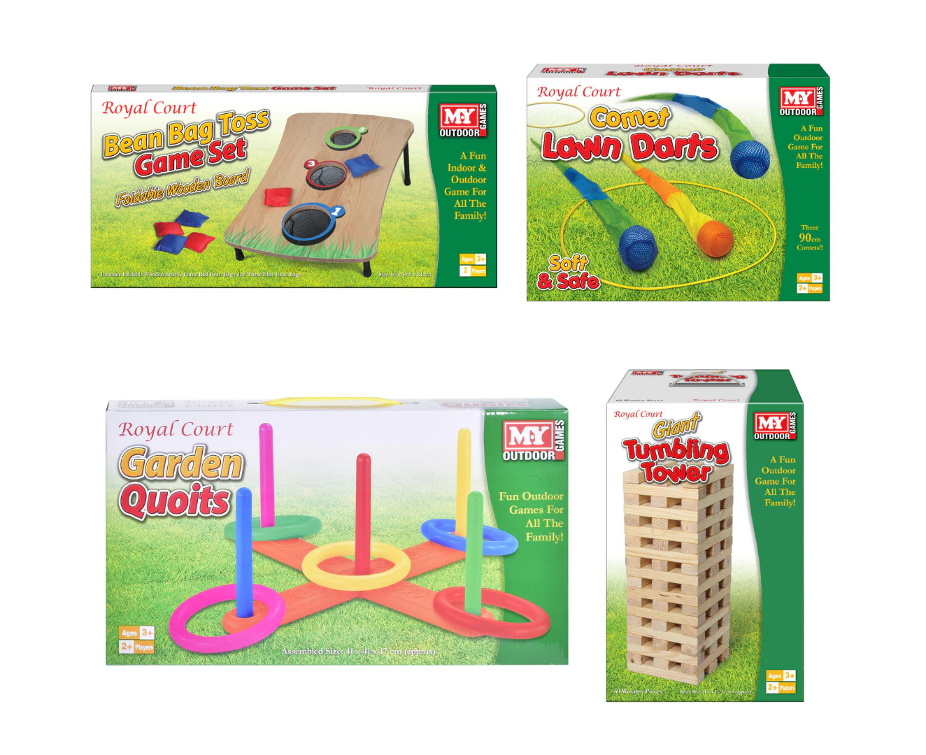 Wooden Bean Bag Toss Game, Comet Lawn Darts, Plastic Garden Quoits & Giant Tumbling Tower Bundle Set