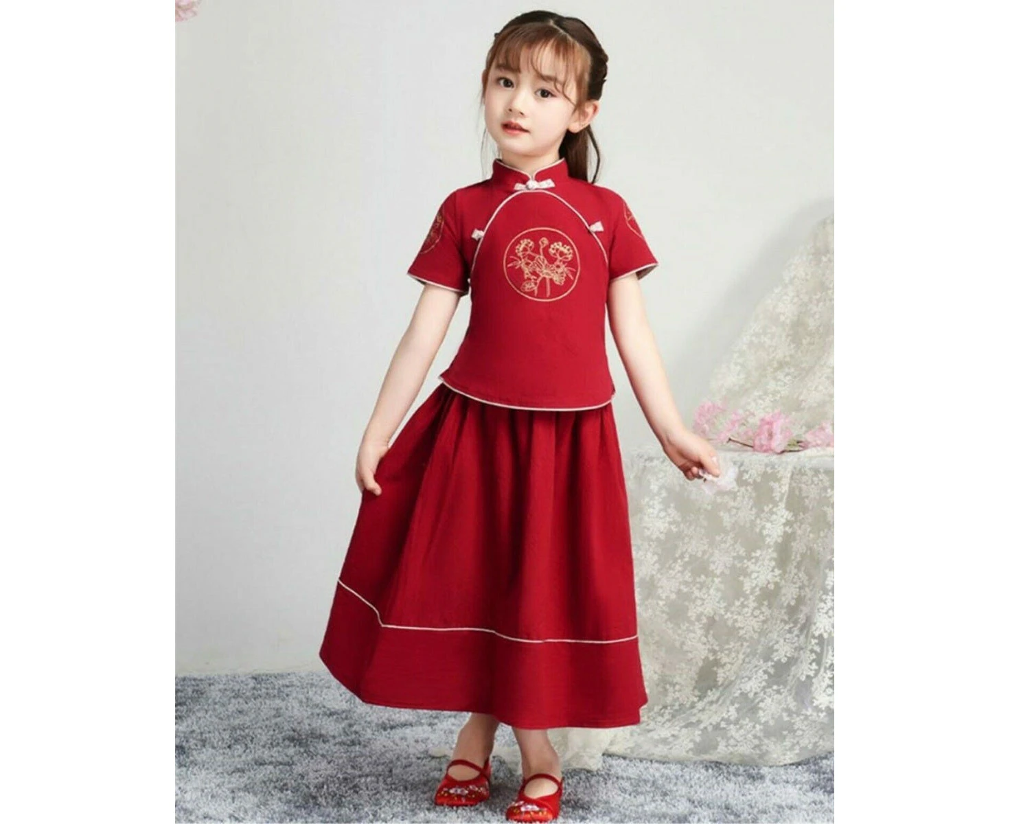 Red Oriental Girls Chinese New Year Dress