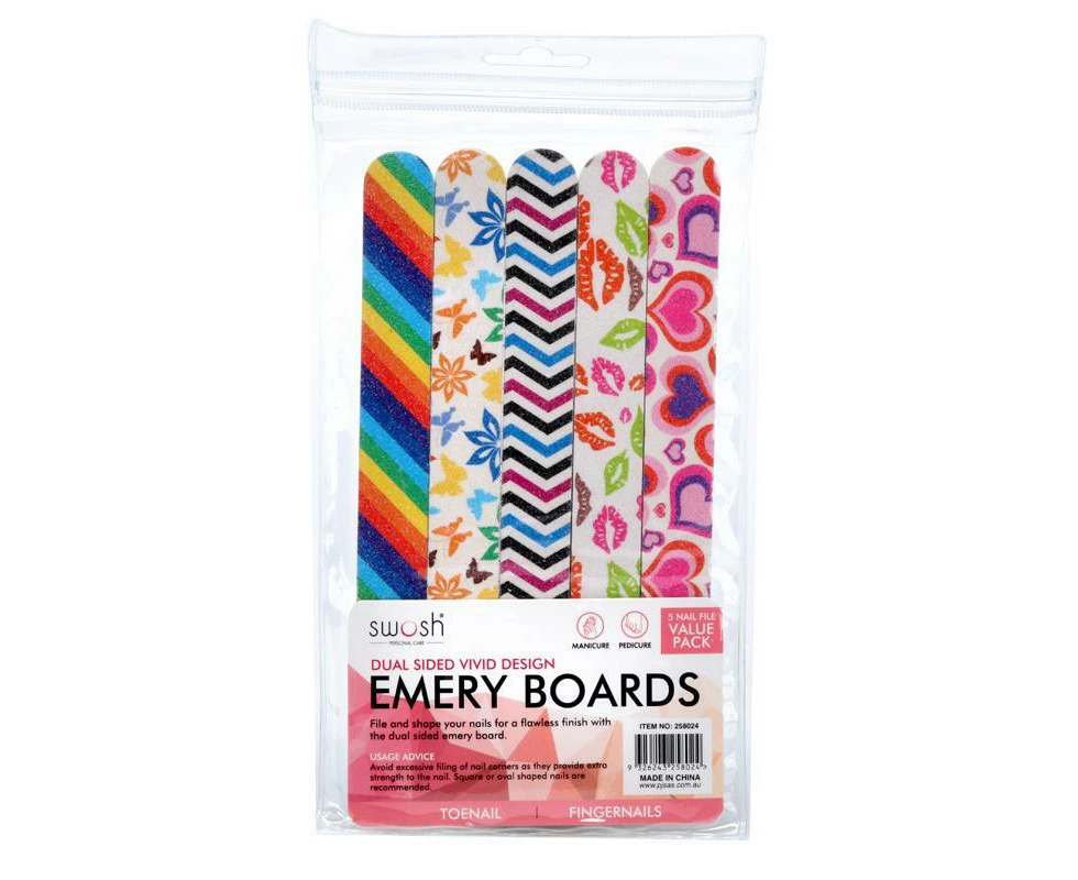 Nail File Emery Boards Double Sided Assorted Designs Pack of 5's