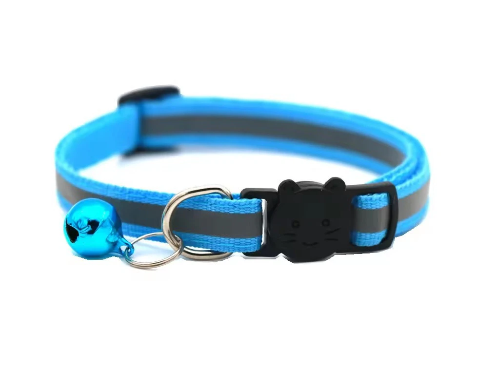 Reflective Cat Kitten Pet Collar With Bell Safety Adjustable Buckle Release Bell [Colour: Sky Blue]