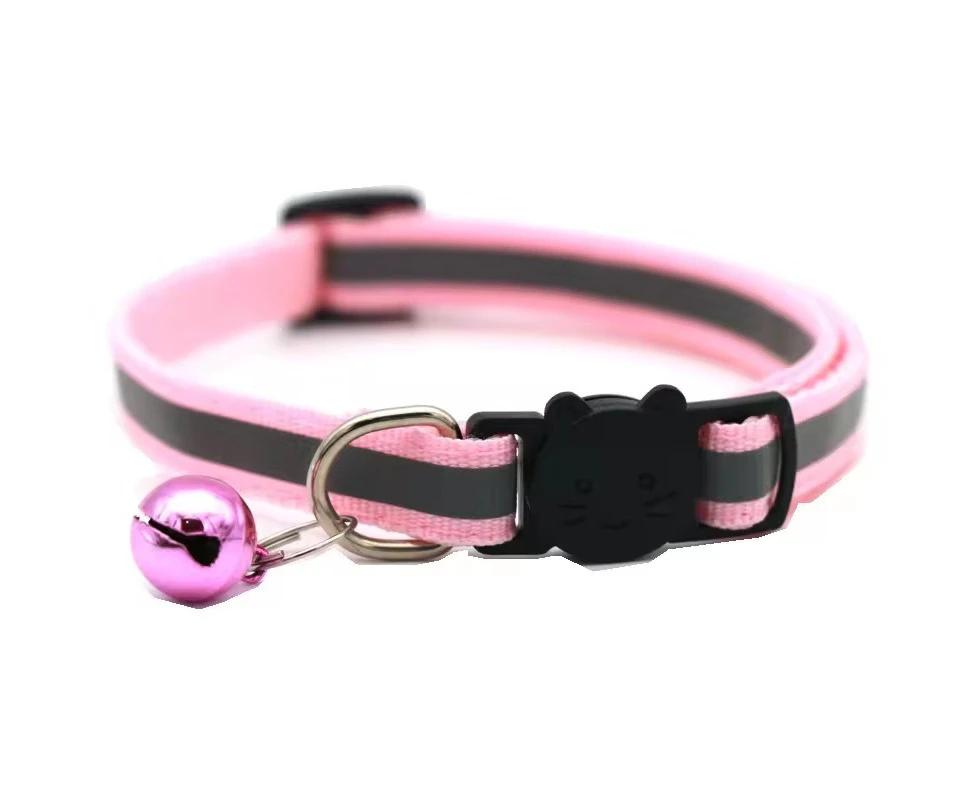 Reflective Cat Kitten Pet Collar With Bell Safety Adjustable Buckle Release Bell [Colour: Pink]