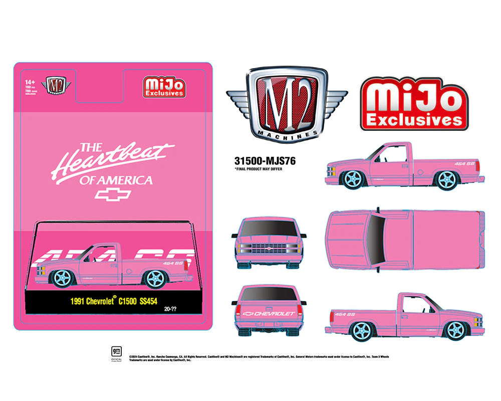 M2 Machines 1:64 1991 Chevrolet C1500 SS 454 Pickup Truck Limited Edition - Semi Gloss Pink - Mijo Exclusives