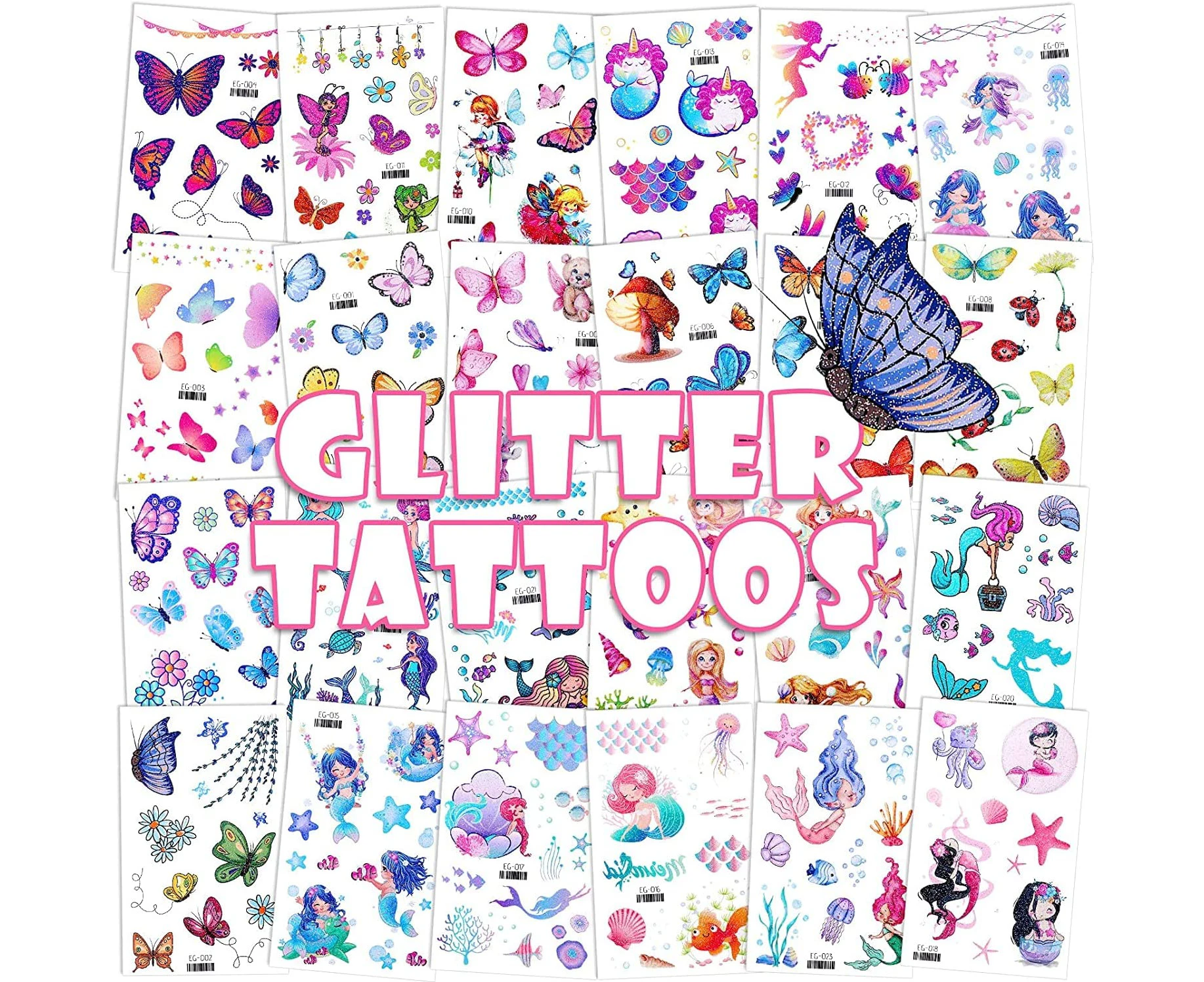 LEIAOLY Glitter Temporary Tattoo for Girls, 24 Sheets Butterfly Mermaid Fairy Flowers Tattoo Stickers for Kids, Waterproof Fake Tattoos for Birthday Party