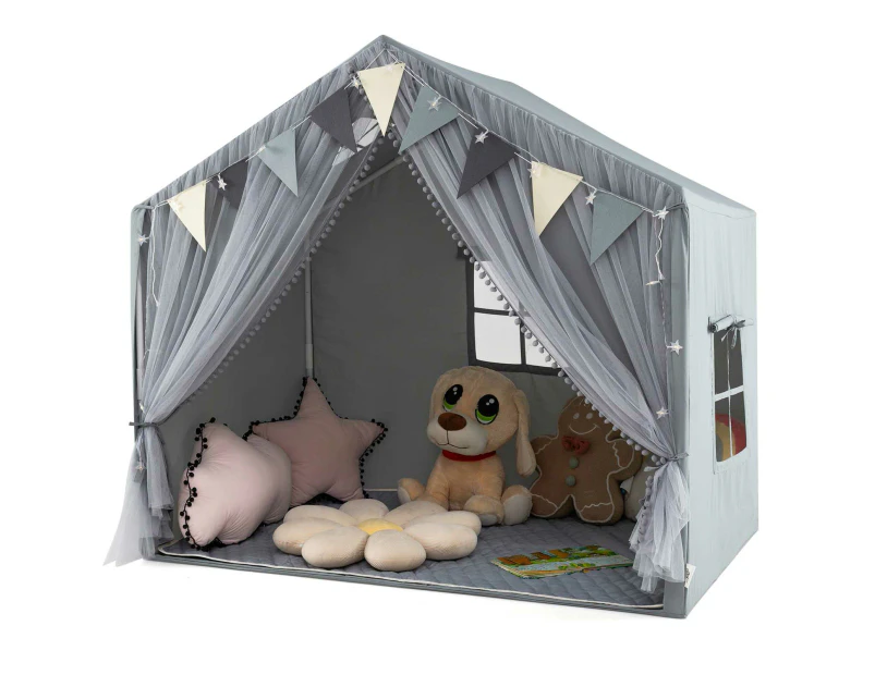 Costway Skin-Friendly Large Play Tent House w/Fabric & Screen Curtains Boys Girls Gift Grey