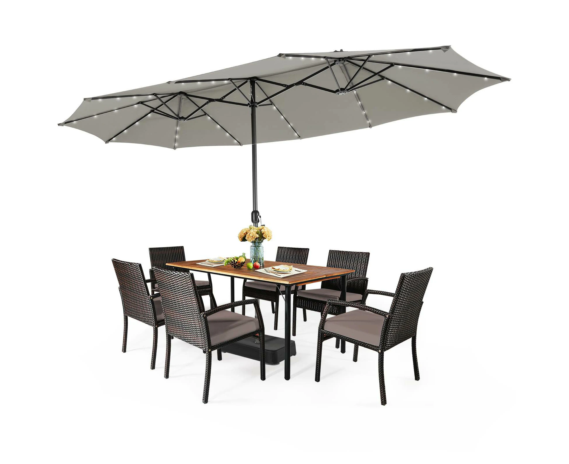 Costway Double-Sided Patio Umbrella Outdoor Parasol w/Ample Shade/Solar Panel/Lights/Dust Cover Sun Shelter for Market Beach Garden Grey