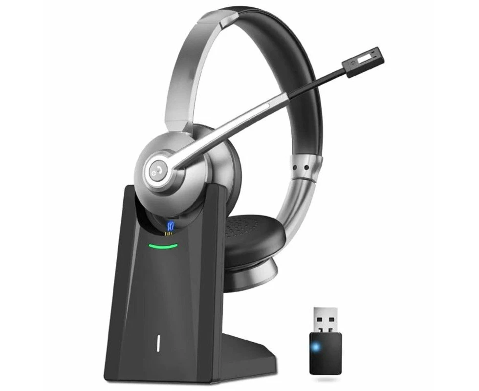 Wireless Bluetooth Headset with Microphone AI Noise Cancelling Wireless Headset with Mic Mute,Charging Base & USB Dongle for Work