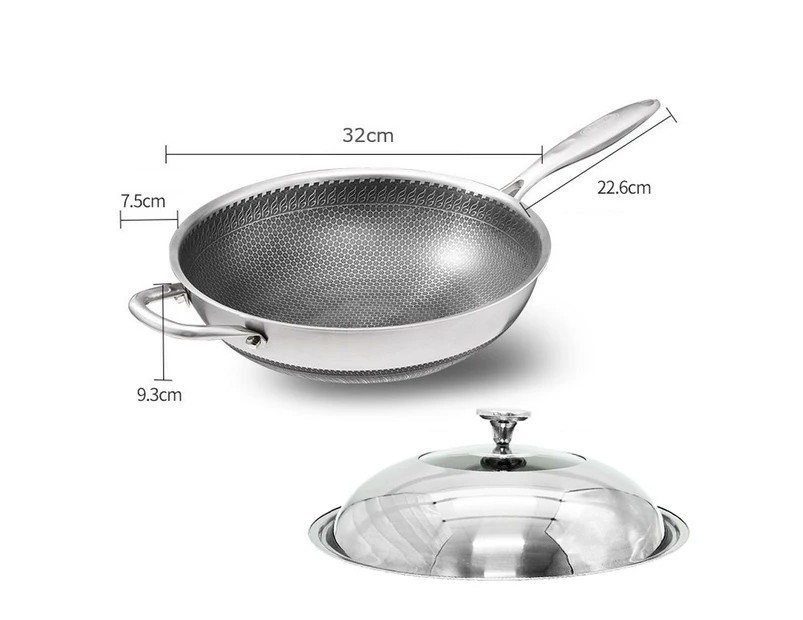 316 Stainless Steel Non-Stick Stir Fry Cooking Kitchen Wok Pan Honeycomb Double Sided