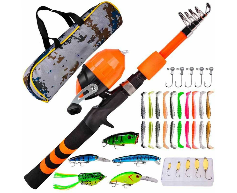 Kids Fishing Pole, Portable Telescopic Fishing Rod and Reel Combo Kit with Spincast Fishing Reel Tackle Box for Boys, Girls, Youth (Orange)