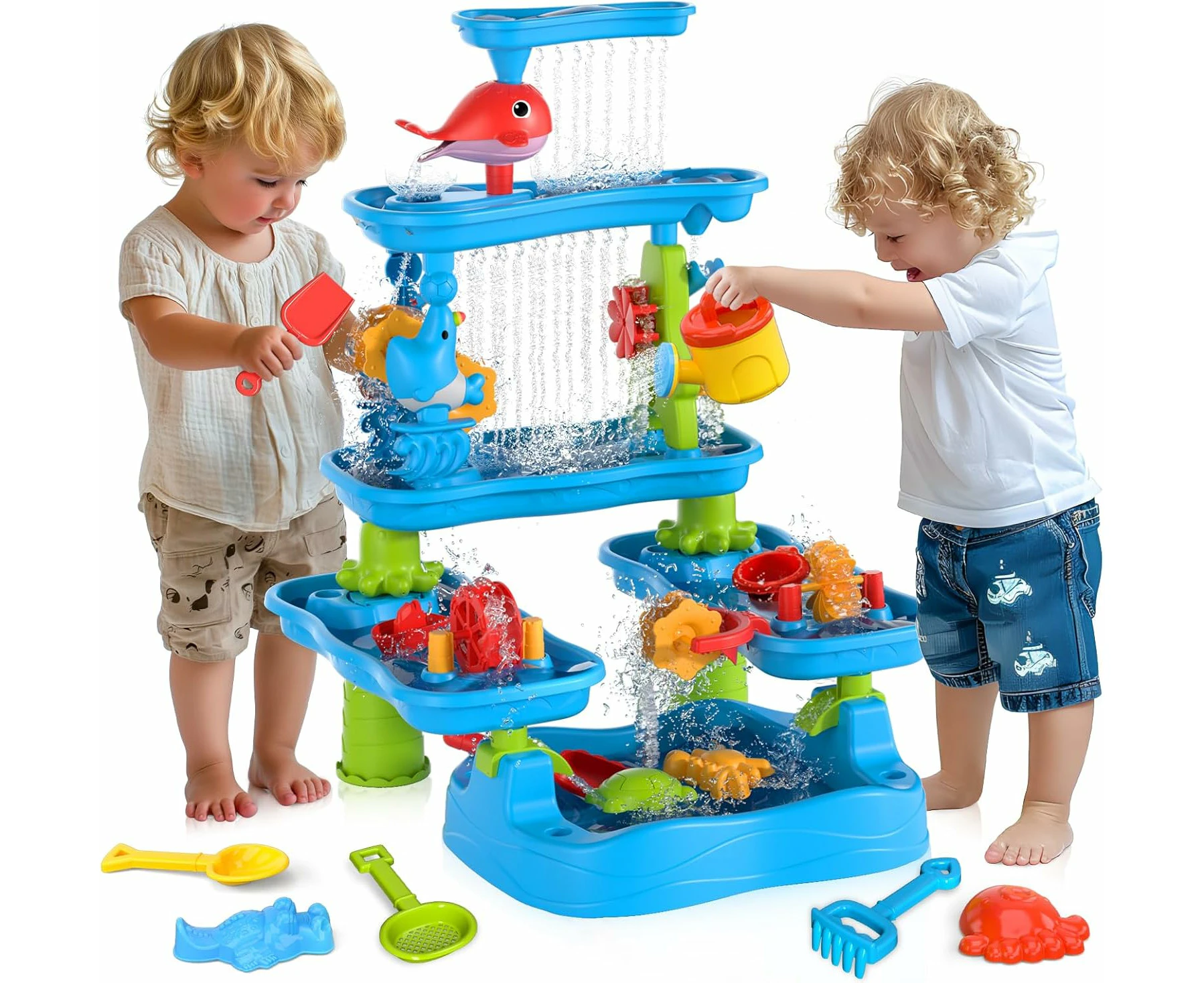 5-Tier Water Table for Kids, Outdoor Sand & Water Play Sensory Tables Toys for Boys Girls, Outside Summer Beach Backyard Rain Showers Splash Activities