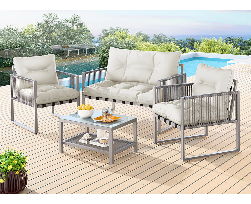 ALFORDSON 4PCS Outdoor Furniture Lounge Sofa Set Wicker Furniture Table and Chairs Garden Beige