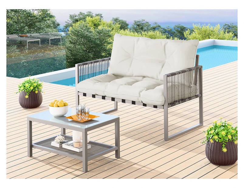 ALFORDSON 2PCS Outdoor Lounge Sofa Set Wicker Furniture Table and Chairs Garden Beige