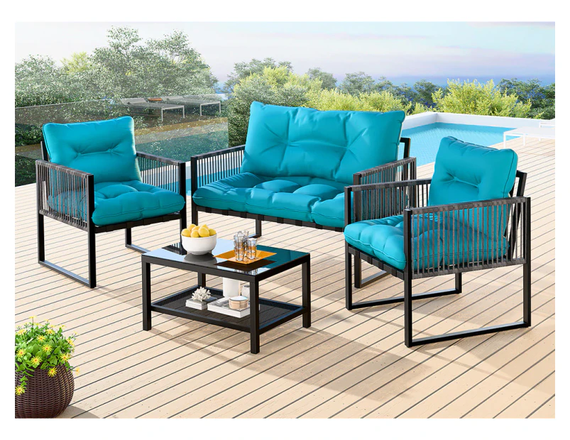 ALFORDSON 4PCS Outdoor Furniture Lounge Sofa Set Wicker Furniture Table and Chairs Garden Blue