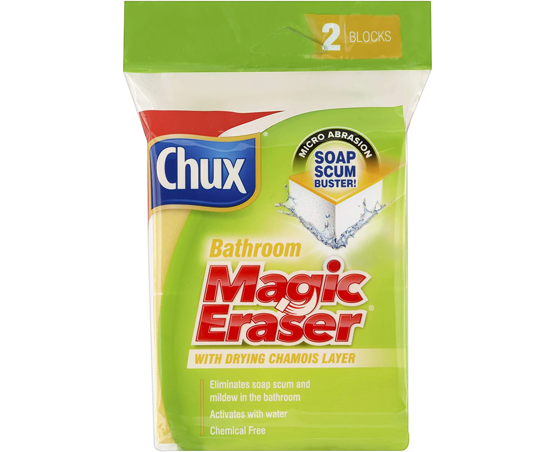 Chux Magic Eraser Bathroom Cleaning Pad with Drying Chamois Layer, Eliminates Soap Scum, 2 Count