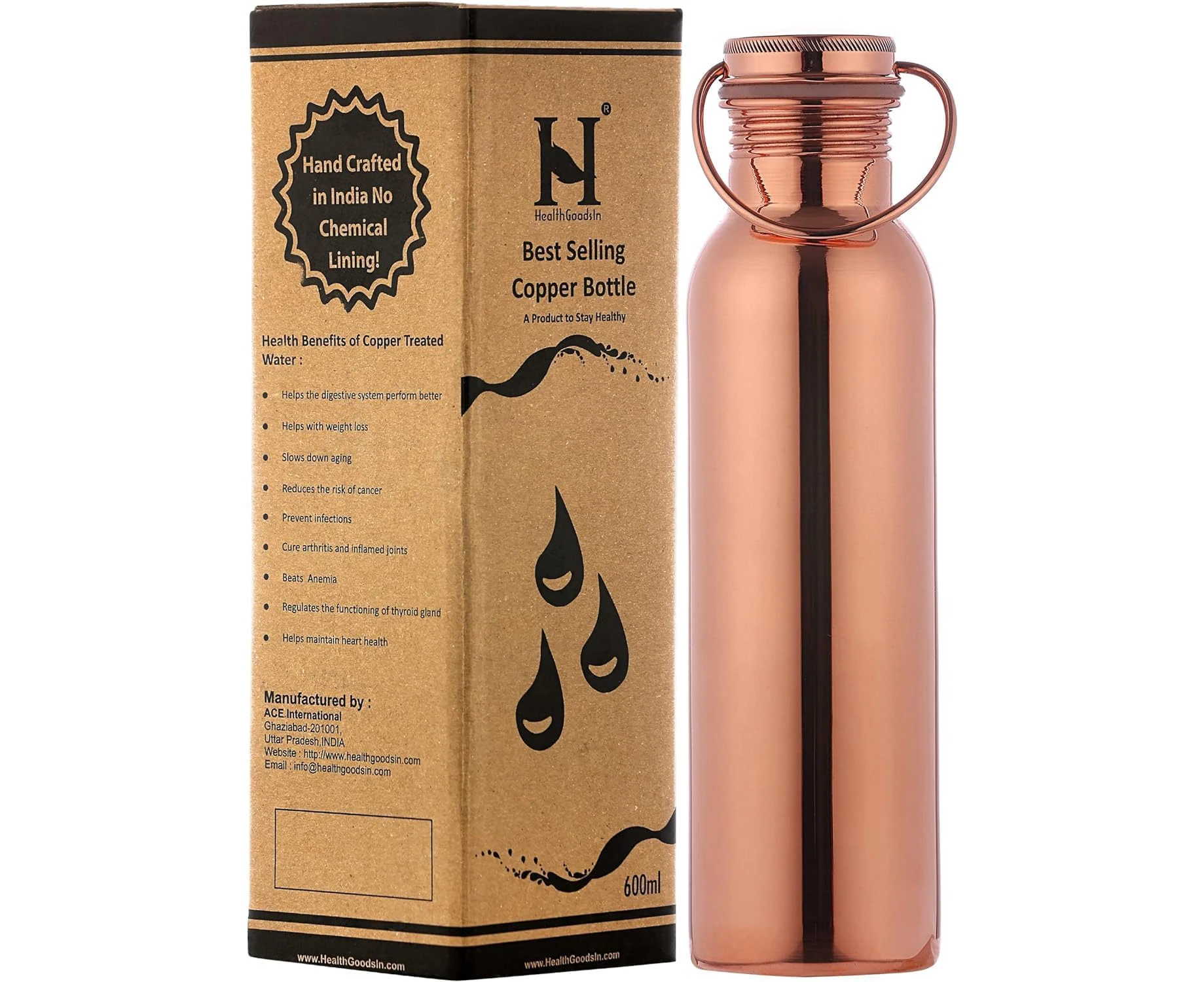 HealthGoodsAU - Pure Copper (99.74%) Water Bottle with Carrying Handle | Leakproof Seamless Water Bottle 600 Ml (20.28 Fluid Ounce)