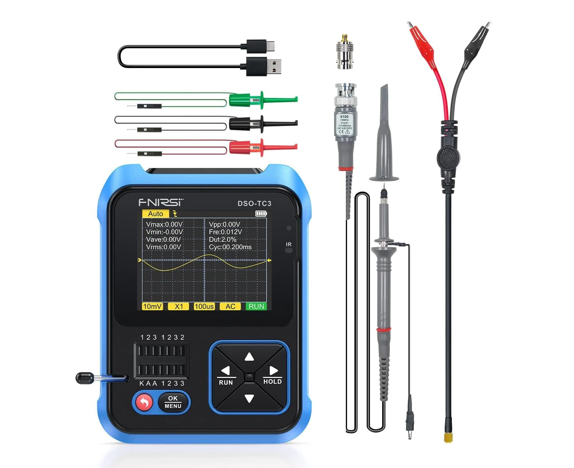 DSO-TC3 Oscilloscope 3-in-1 Handheld Oscilloscope DDS Signal Generator Transistor Tester Portable Oscilloscope 500Khz Bandwidth 10MSa/s Sampling Rate, 6 Ty